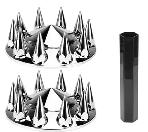ABS Chrome Plastic Front Axle Cover Kit Spike Axle Wheel Covers 33mm Thread-On Lug Nut Covers with Removable Hub Caps for Semi Truck (Installation Tool Included) 2Pcs