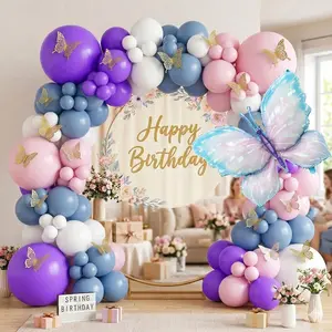Spring Butterfly Balloon Arch Kit, Purple Baby Pink Dusty Blue White Balloon Garland with 3D Gold Butterflies and Ribbon, for Baby in Bloom Baby Shower Tea Party Birthday Decoration
