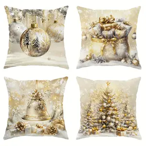 4pcs, Luxury Christmas Throw Pillow Covers, Golden and White Decorative Cushion Covers with Snowflake and Tree Design, Cushion Cover Decoration for Couch Sofa, Room Decor and Bedroom Decor, Single Sided Printing, No Pillow Core