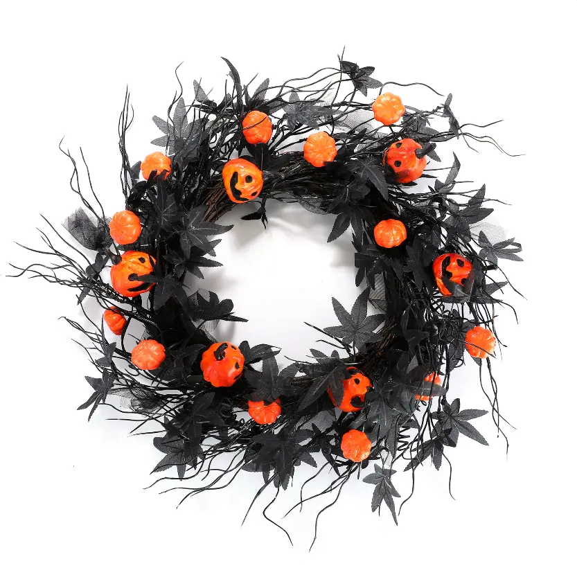 Pumpkin Head Halloween Wreath with Black Leaves and Orange Pumpkins - Lightweight Fall Home Garden Decor for Door Display, Outdoor Lawn Backdrop decorative sculpture