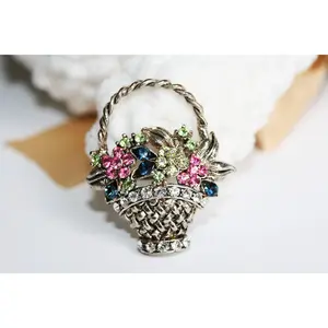 Antique Rhinestone Flower Basket Brooches Pin Vintage Hollow Metal Women Fashion Coat Accessories