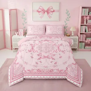 Coquette Bows Comforter Set for Girls Women Pink Aesthetic Bow Tie Bedding Set,| Vintage Cottagecore Bed Set,Bohemian Bowknot Floral Duvet Insert Tribal Quilt Farmhouse Room Decor