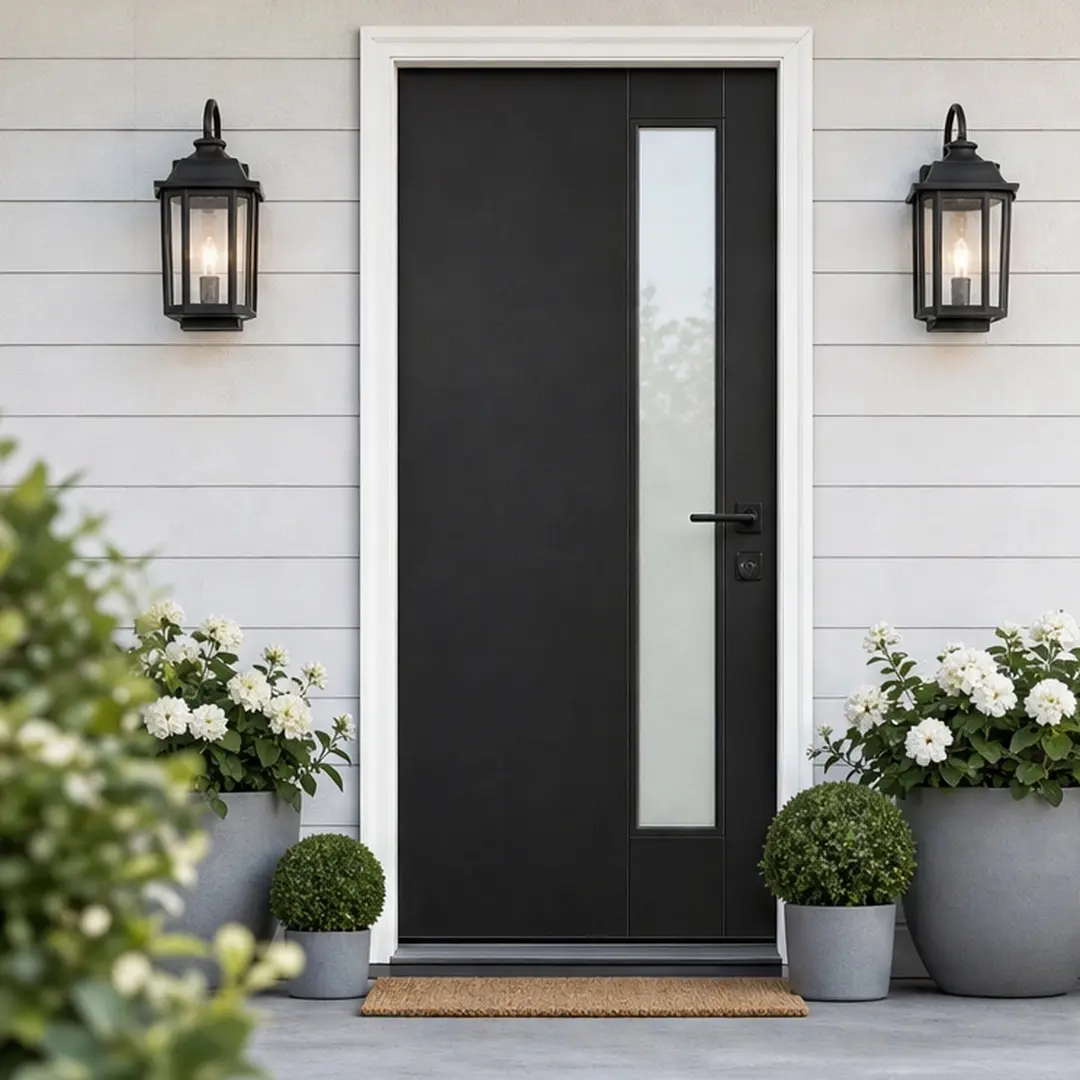 36x80 Fiberglass Front Door with White PVC Frame Left-Hand Inswing Exterior Entry Door with Brickmould Contemporary Smooth Skin Frosted Glass Black Prefinished Weather-Resistant Durable Insulated for Home Entrance, Black Color Options
