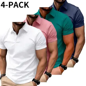 Pack of 4 men’s casual polo shirts, solid color, short-sleeve collared T-shirts suitable for outdoor leisure activities, work outfits, everyday wear, summer clothing, men’s short sleeves.