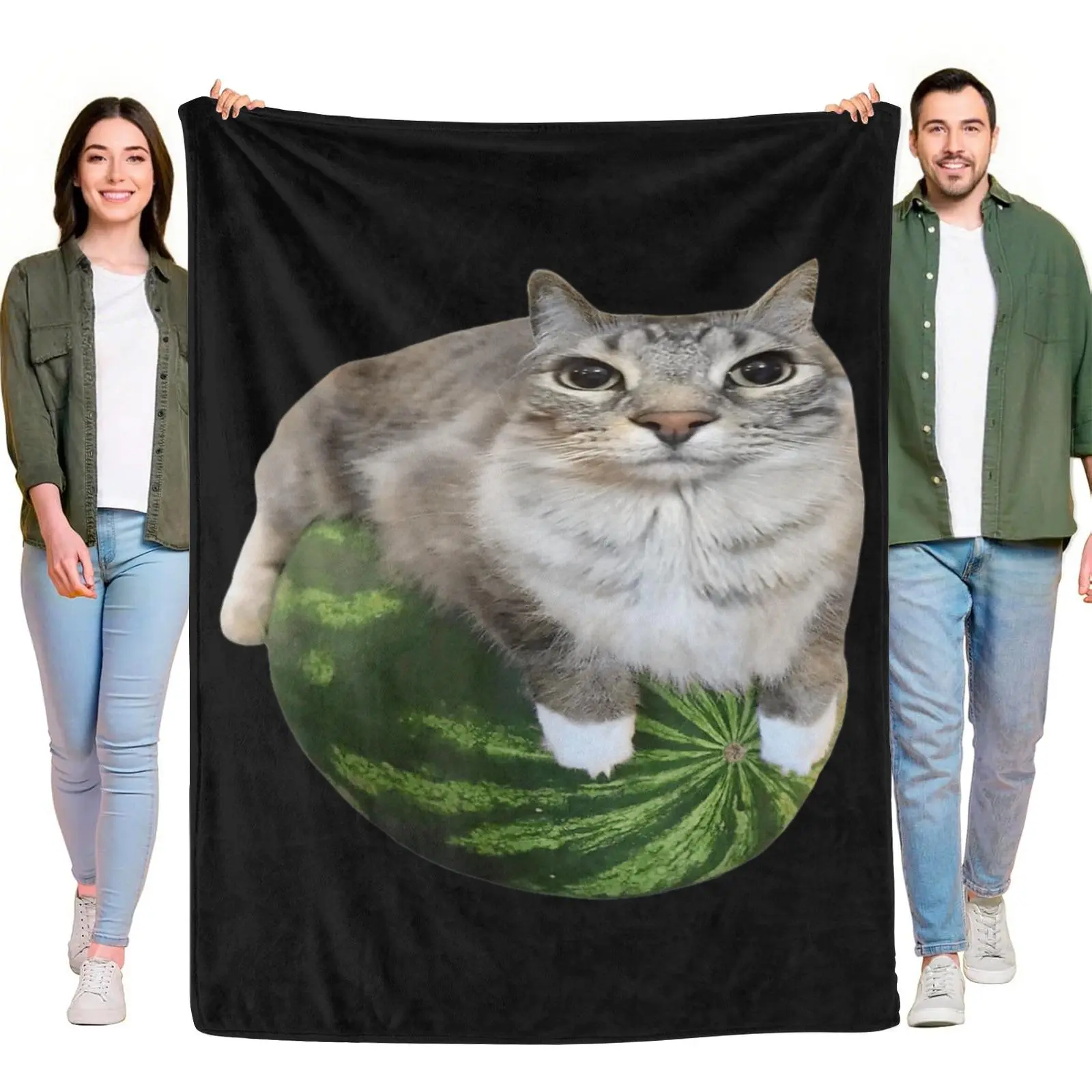 Chubby Tabby Cat Lying On Watermelon Cute Summer Pet Animal Print Fleece Throw Blanket, Funny Kitty Fruit Themed Cozy Blanket for Couch Bedroom Decor