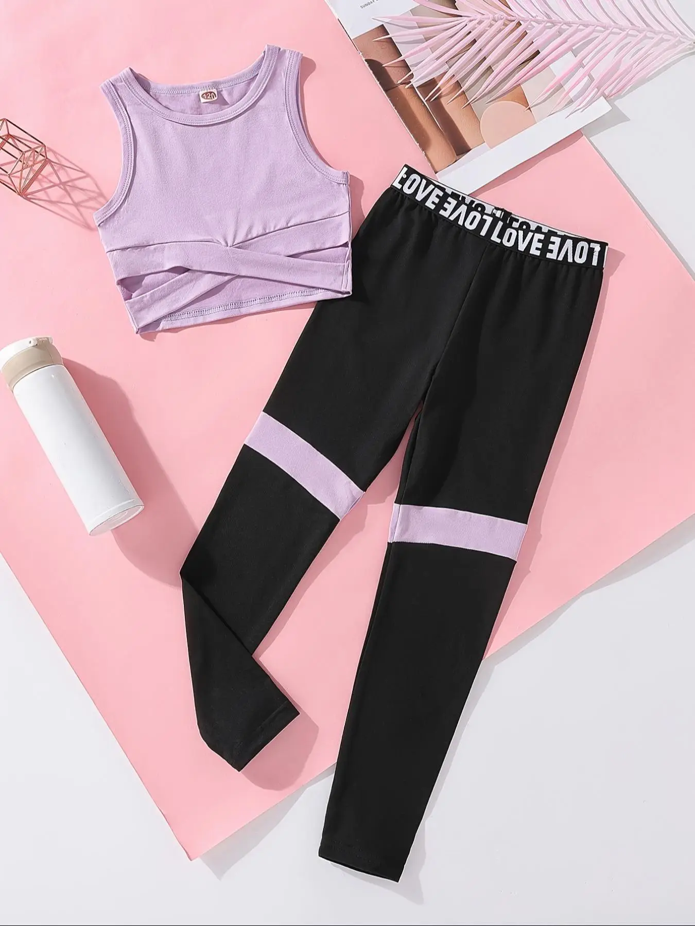 Girl's plain Crop Tank Top & Leggings Two-Piece Set, Casual Sleeveless Round Neck Top & Skinny Pants for Spring & Fall, Kids Clothes for Daily Wear