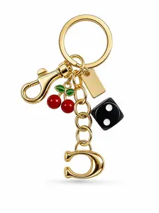 Trendy Y2K Keychain｜Lucky Cherry Dice Letter C Pendant Keyring, Gold Plated Cute Bag Charm, Stylish Aesthetic Car Key Accessory, Fashion Gift for Women Girls Daily Outfit Decor