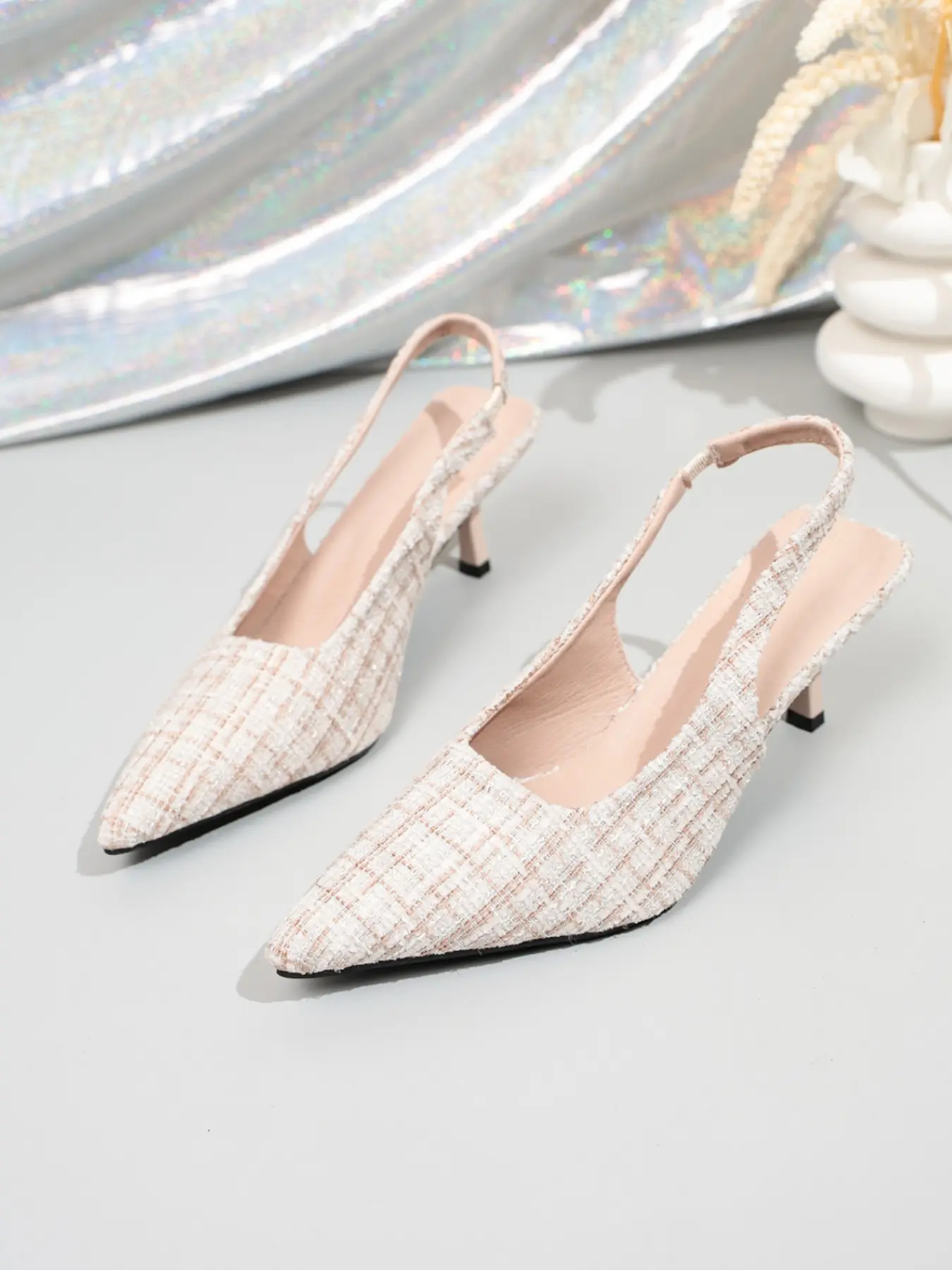 Women's Tweed Pointed Toe Backless Low Heel Shoes, Elegant Office Party Footwear, Comfortable and Stylish Design for Daily Wear