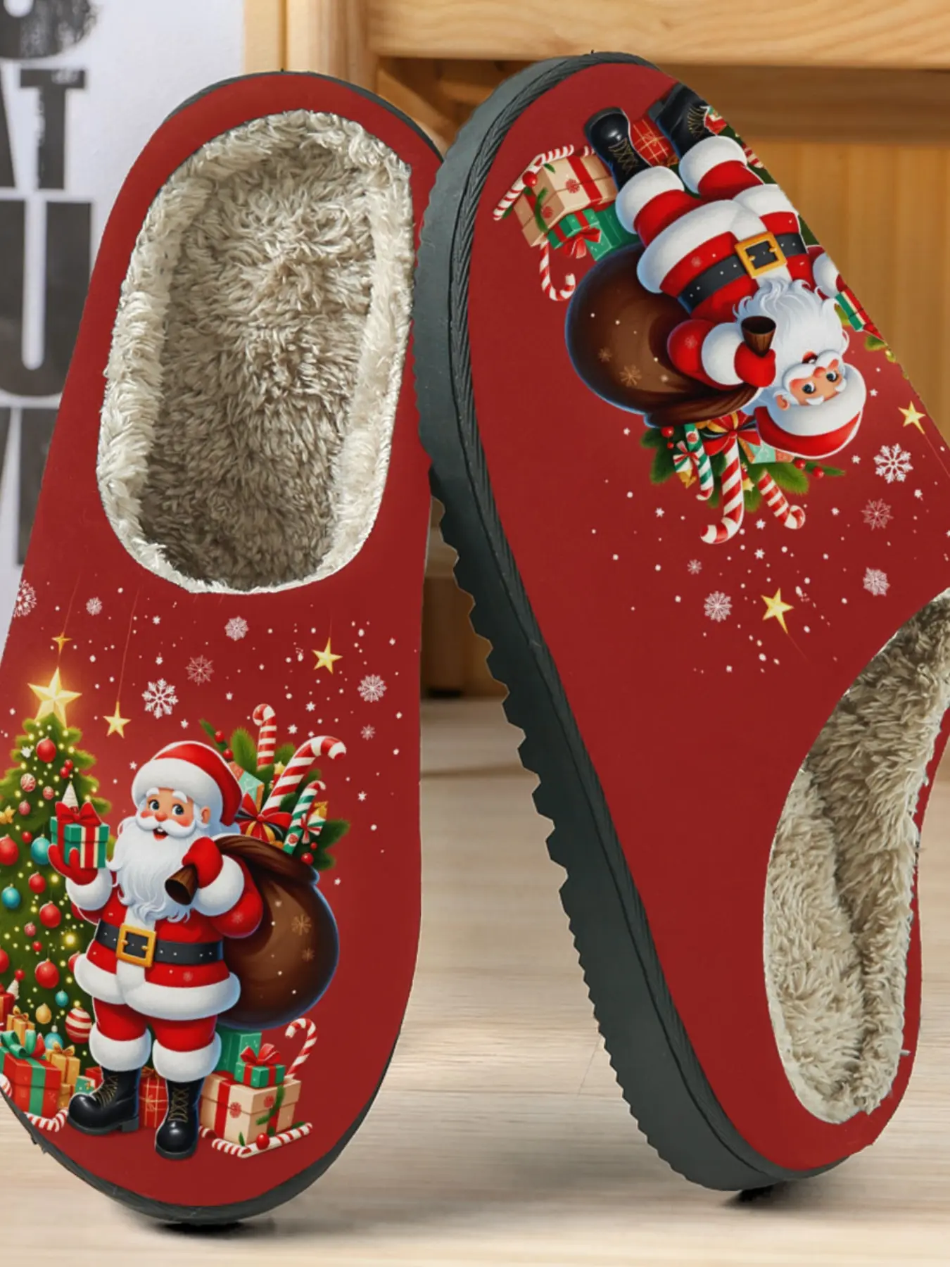 Women's Christmas Santa Claus Cotton Slippers, Plush Lined Anti-Slip Thick Sole, Casual Home & Outdoor Wear, Fall & Winter