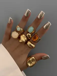 7-Piece Vintage Resin Gemstone Ring Set, Unique Personality Bold Index Finger Rings, Spring Summer Fashion Jewelry, Stacking Rings, Stackable Finger Rings