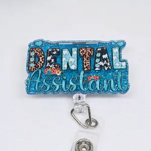 Dental Assistant Blue Glitter Acrylic Retractable Badge ID Reel Belt or Alligator Clip retractable clip cute