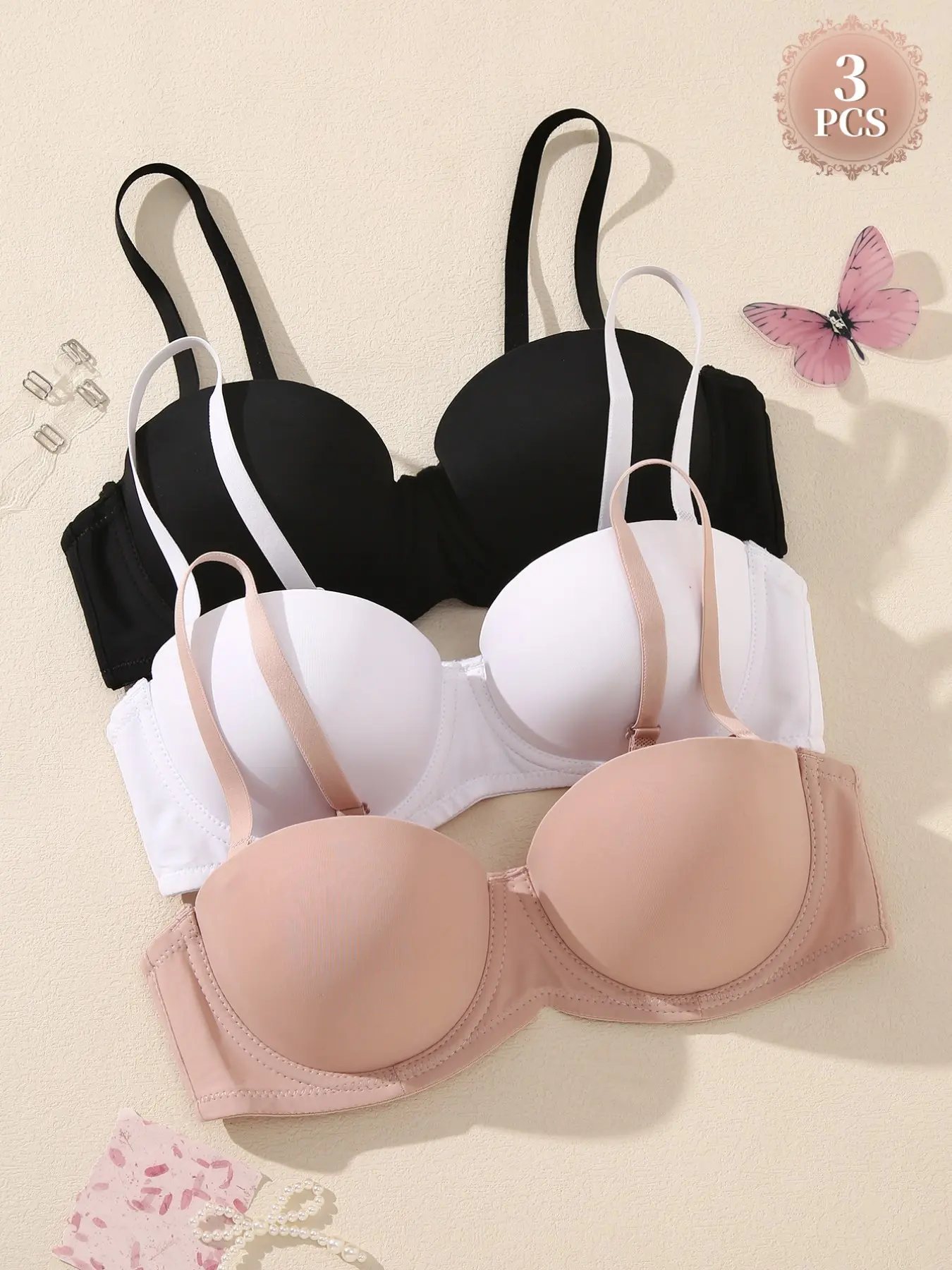 3PCS Women's Seamless Push-Up Balconette Bra,Underwire Medium Support Anti‑sagging T-shirt Bra, Adjustable Detachable Straps , Slimming Solid Smooth Comfortable, Elegant everyday Wear, Solid Basic Bra, Elegant Bras