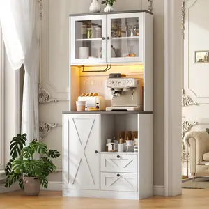 72" LED Kitchen Pantry Cabinet with 2 Drawers Farmhouse Tall Storage Cabinet Wood Food Pantry with Globet Hooks and Adjustable Shelves Versatile Storage Freestanding Cupboard for Kitchen