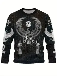 Men's Egyptian Art Printed Long Sleeve Football Jersey, Breathable Round Neck Sport Top with Aztec Design for All Seasons, Sports Top