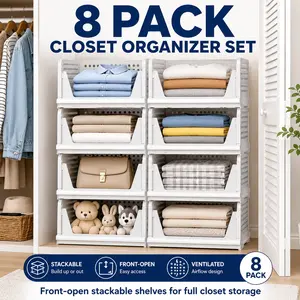 8 Pack Stackable Closet Organizer Baskets, Front Open Wardrobe Storage Shelves for Clothes, Toys, Towels, Bags and Home Organization