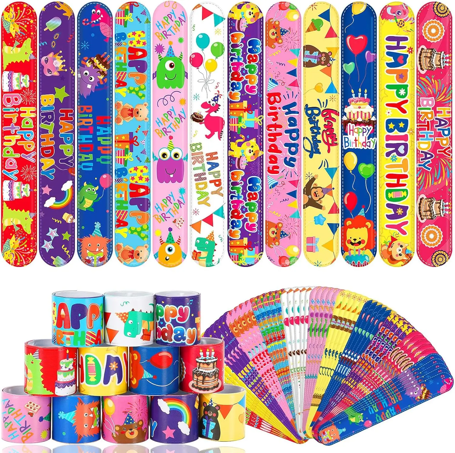 56Pcs Happy Birthday Slap Bracelets, Birthday Bracelets for Classroom Slap Bracelets Bulk for Kids Gifts Birthday Party Favors Snap Bracelet Wristband School Classroom Student Reward Prizes