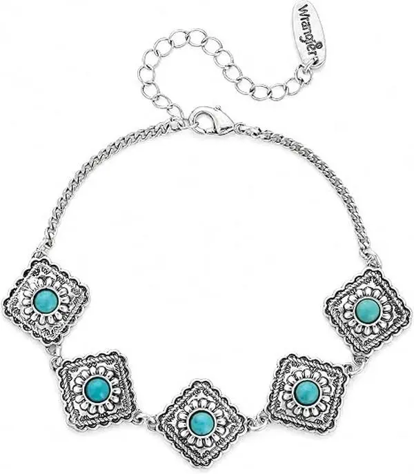 Wrangler Western Diamond Concho Bracelet for Women, Antique Silver/Gold Plated Adjustable Chain Bracelet with Turquoise/Black/White Stone, Southwestern Cowgirl Statement Jewelry