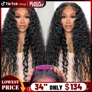 Gabrielle 6x4 7x5 Glueless Wig Deep Wave HD Lace Wig Brazilian Deep Wave Human Hair Wigs Ready to Wear Transparent 7x5 Pre Cut& Pre Plucked Lace Clousure Wigs 180 Density Deep Curly Nature Color Wig TikTokShopBlackFriday