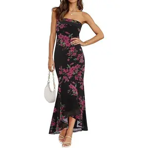 MEROKEETY Women's Summer Strapless Floral Maxi Dress 2026 Bodycon Mesh Wedding Guest Cocktail Party Tube Dresses
