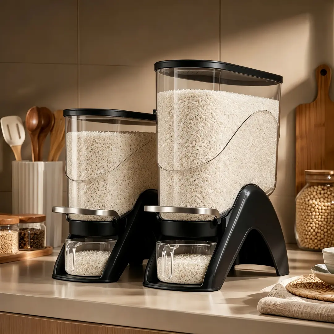 Countertop Rice Dispenser with Detachable Cup, Airtight Transparent Vertical Storage Bin, Slim Space-Saving Organizer for Kitchen Pantry & Counter, Stores Rice, Oats, Beans, Cereals (Cream/Black/Red)