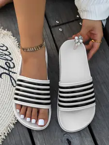 Women's Striped Pattern Slides, Casual Comfortable Home Slippers, Non-slip Lightweight Slippers for Indoor & Outdoor Wear, Walking Shoes