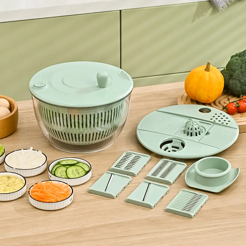 Large Transparent Stainless Steel Salad Spinner 5.3 Qt (9.25 x 5.5 Inches) – 5-Blade Chopper Slicer-Shredder, Fruit-Vegetable Wash Bowl, Lettuce Dryer, Egg Yolk Strainer, Juicer Kitchen Colander Fruit Tool, Utensils, Large-Capacity, Vegetable Tool
