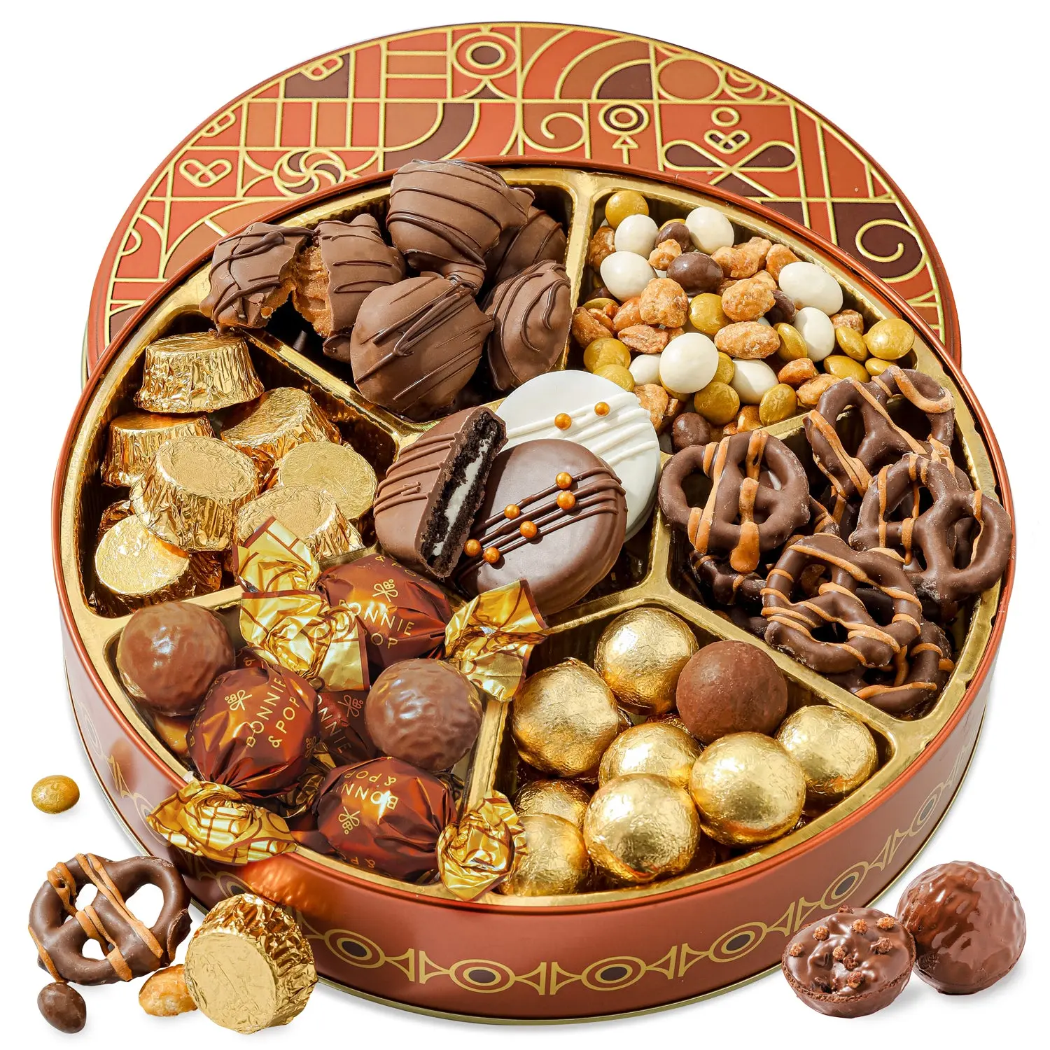 Festive Gift Tin Filled with Truffles, Pretzels & Gourmet Chocolates