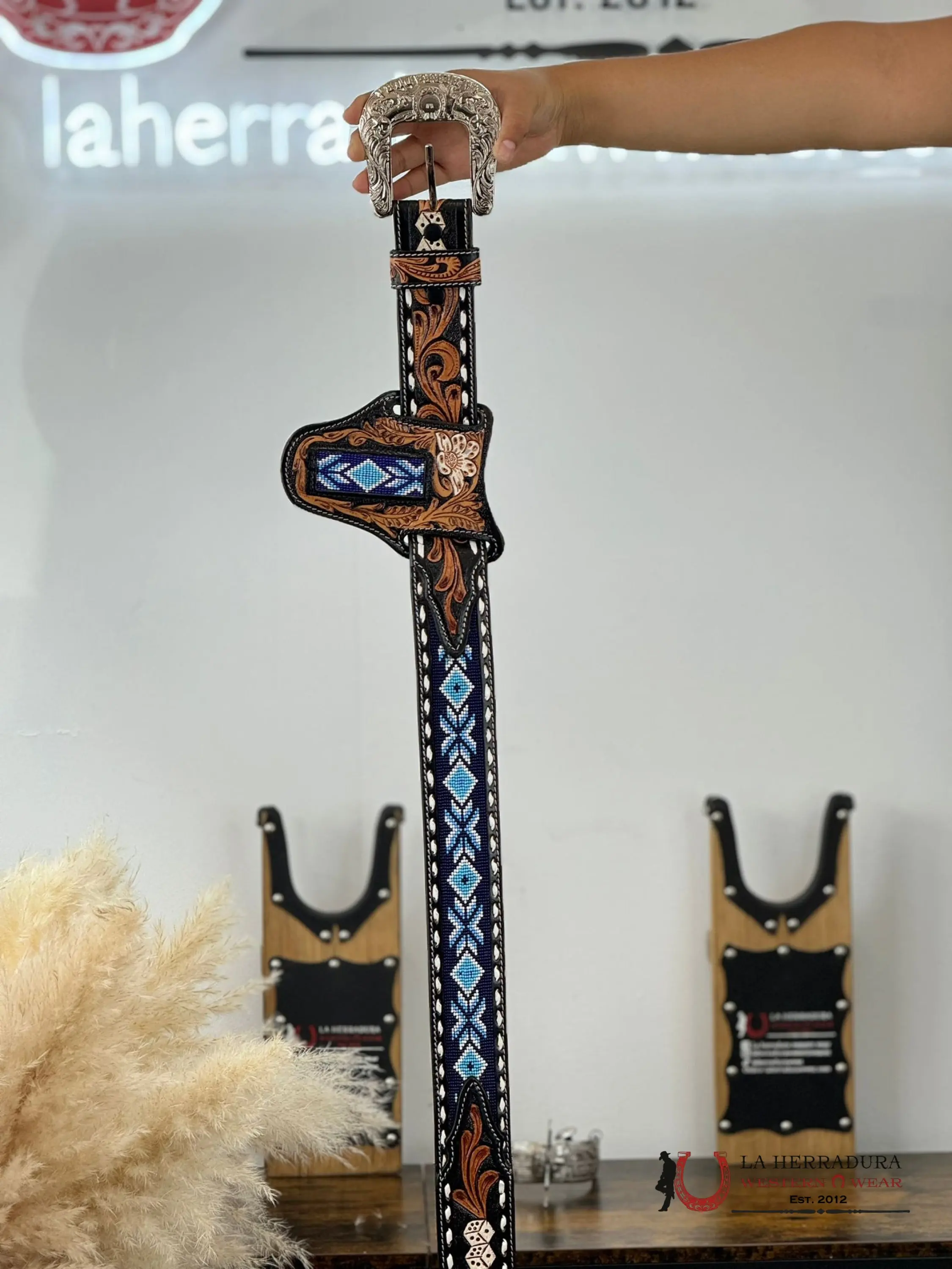 LA HERRADURA Aztec Western Belt, 2-in Handtooled Light and Dark Blue Design, Regular Buckle, Statement Look Accessory, Cowboy Cowgirl Belt, Tribal Belts