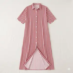 AAESSENTIALS New Summer Fashion Loose V-neck Long Striped Shirt Dress for Women in Blue Pink & White Stripes