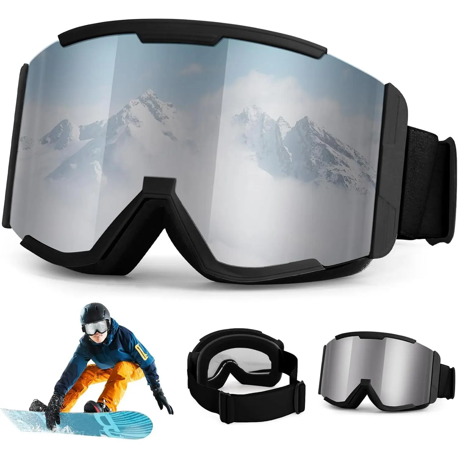Ski Goggles Men Women & , Anti-Fog  UV Protection Snowboard Goggles, Wide Vision OTG Clear Ski Goggles