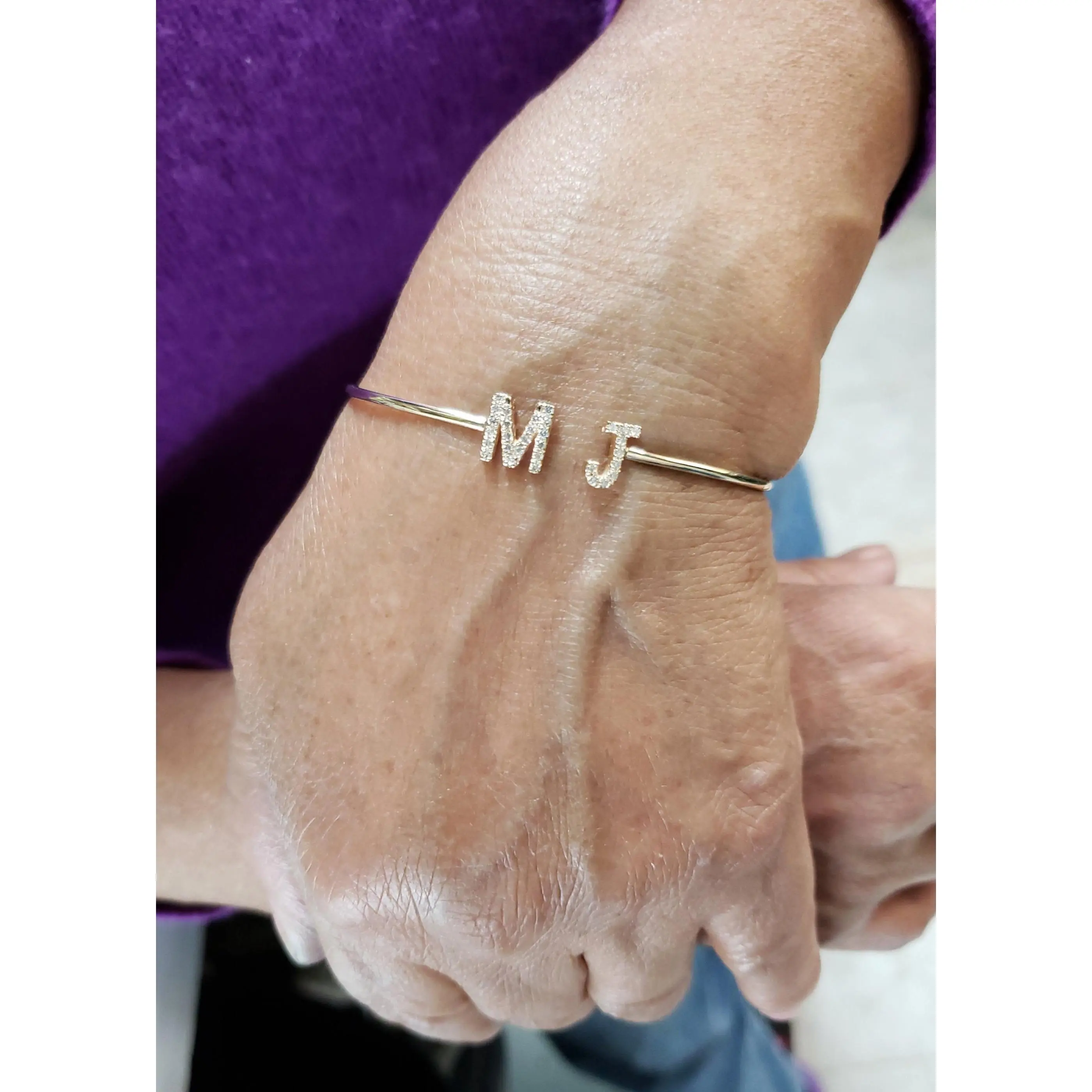 14Kt Gold Initial Letter Diamond Bangle Bracelet