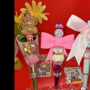 Beaded Bow Pens, Stuffed Teddy Bear - $8 Each (Individual Retail Option for Gifting, Office Supplies)