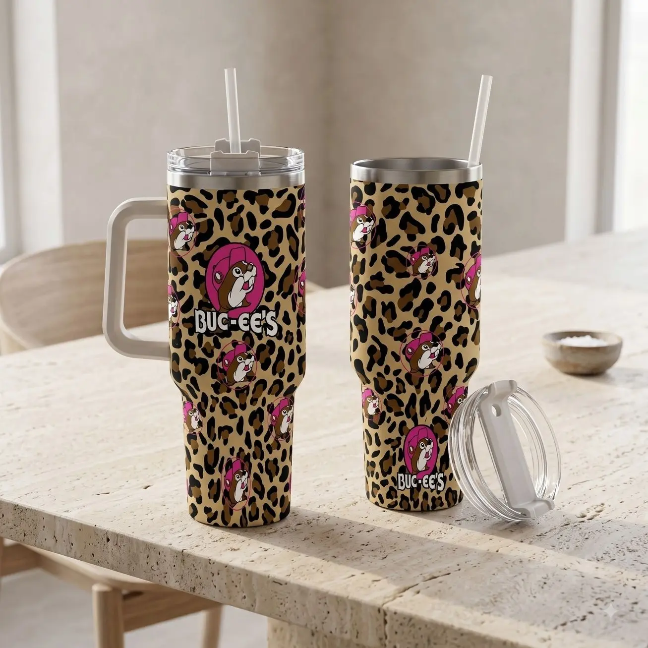 40oz Buc-ee's Beaver Leopard Print Insulated Tumbler, Stainless Steel Travel Coffee Mug with Lid & Straw, Cute Southern Gift for Her