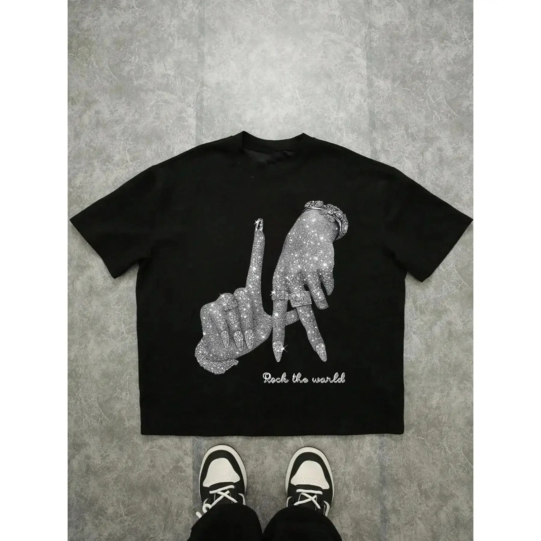 Men's Rock The World gesture graphic T-shirt, shiny rhinestone print hip-hop T-shirt, casual streetwear top, summer casual fashion top, loose fit cropped T-shirt, street trend, subculture style, holiday gift, same style for men(No genuine crystal beads)
