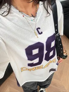 Y2K Retro Breathable Mesh Sports Jersey Gym Shirt for Women, Casual Sportswear V Neck Digital Print T-Shirt, Street Style Festival Fashion Top