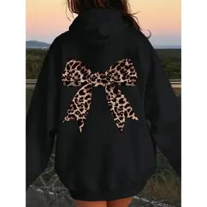 Women's Leopard Print Bow Detail Hoodie - High Street Casual Pullover, Comfortable Autumn and Winter Fashion, Machine Washable Cute Hoodie, Durable Fabric Women's Drawstring