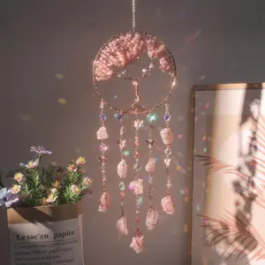Tree of Life Dream Catcher Sun Catcher Wall Hanging, Natural Stone Copper Wire Butterfly Crystal Pendant, Elegant Home Bedroom Wall Art Decor Gift for Bedroom Living Room