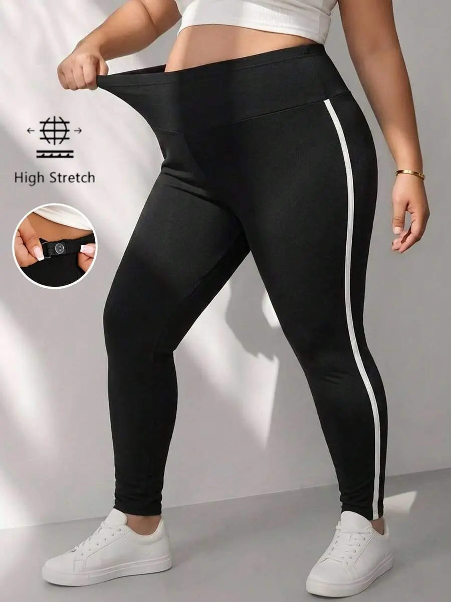 [FREE SHIPPING] Maternity Plus Size Adjustable High Waist Contrast Striped Side Skinny Leggings