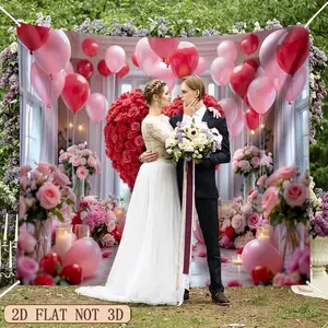 2D flat banner, 1PC Large heart-shaped balloons and rose tapestries with elegant red and balloon arch wall decorations, suitable for heart-shaped hollow designs for Valentine's Day special event photography backgrounds, romantic wall decorations