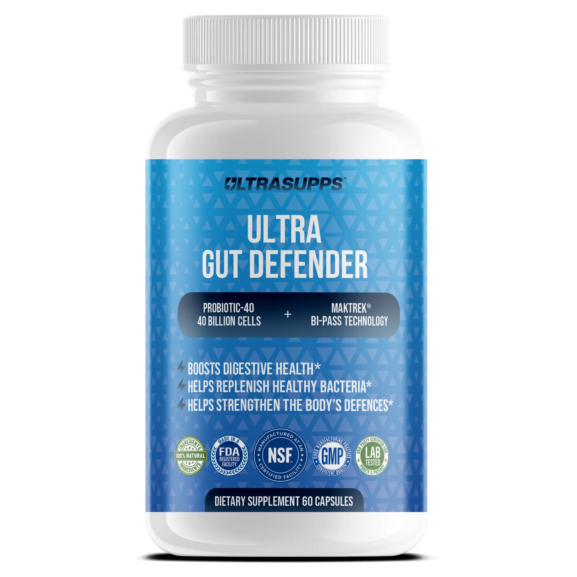 Ultrasupps Ultra Gut Defender - Advanced Probiotic-40 Formula with MAKTREK Bi-Pass Technology 40 Billion CFU for Digestive Health & Wellness