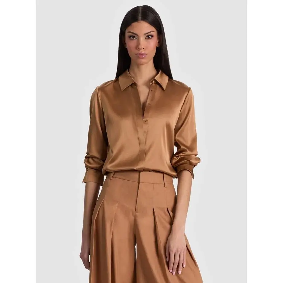 Alice + Olivia Brady Silk Blouse in Tan