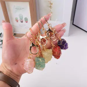 Natural Gemstone Keychain, 1 Count Rough Stone Mesh Pocket Handy Keychain, Fengshui Ornament for Car Key Rings Chains, Home Decor, Gift for Friend, Artificial Crystal, Pendant, Beads, Stylish Keychain