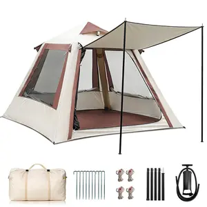 Blackout Inflatable Camping Tent with Awning, 2-4 Person 4-Season Waterproof Oxford Air Tent, Quick Setup Blow Up Tent with Hand Pump & Ground Tarp for Camping Glamping Hiking
