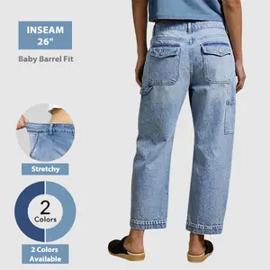 Flamingals Wash Flap Pocket Stitch Detail High Waist Barrel Leg Carpenter Crop Jeans