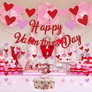 1 Pack Glittery Heart Banner Garland Valentines Day Decorations Pre-Strung Romantic Heart Bunting for Anniversary Wedding Engagement Birthday Baby Shower Party Decoration, Valentine's Day flag with heart patterns and spiral hanging ornaments set