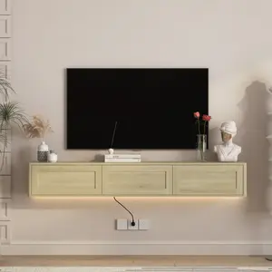 Floating TV Stand, Wall Mounted TV Shelf with Led Lights & Power Outlet,High Gloss TV Cabinet for Wood tv Stands for Living Room,LED Floating TV Stand – Brighten & Organize Your Living Room, High Gloss Wooden TV Shelf