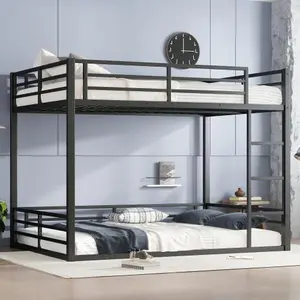 Queen Over Queen Metal Bunk Bed - Heavy-Duty Frame, Low-Floor Design, Full-Length Upper Guardrails, Noise-Reduced, 350LBS Upper Capacity (Fits 6”/8” Mattress, No Box Spring, Black