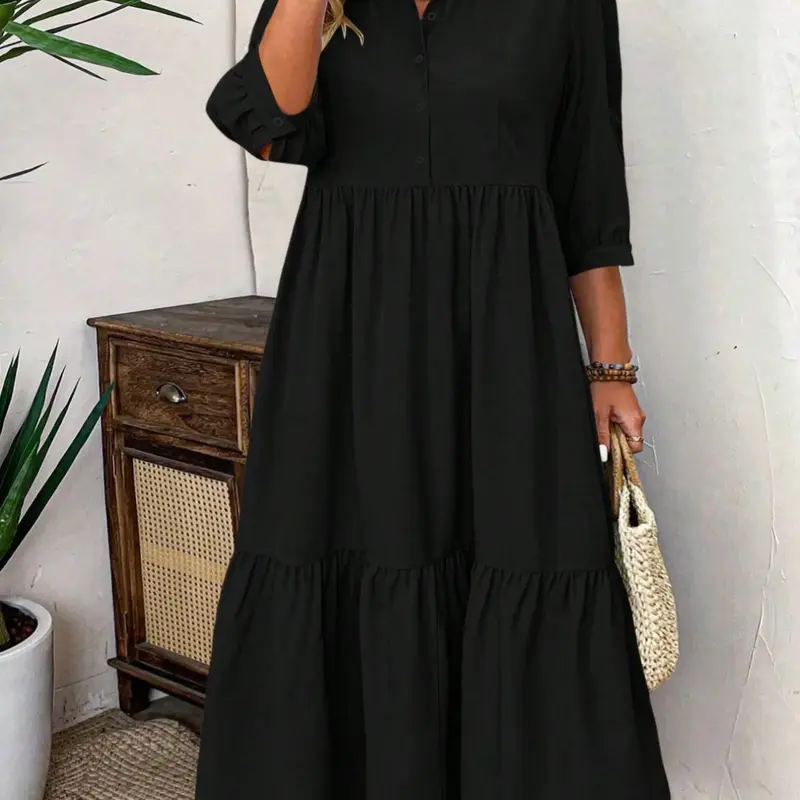 Plus Size Casual Dress, Medium-Length Sleeve, Front Pleated Button Decoration, Fashionable Elegant Daily Wear for Women
