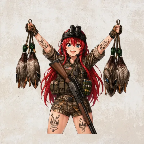 Rias Gremory Duck Hunter Vinyl Sticker, Camo Anime Girl with Shotgun & Ducks, Waterproof Hunting Decal