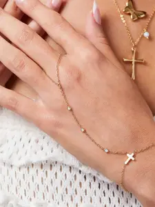 Elegant Cross Rhinestone Finger Ring, Daily Wear Vacation Party Date Gift, Women's Casual Hand Chain Bracelet, Iron Material